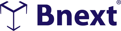 Bnext logo featuring a stylized geometric icon resembling an open box to the left of the word Bnext in dark blue bold letters on a light background.