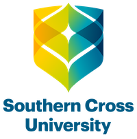 Southern Cross University logo featuring a geometric shield in yellow, green, and blue shades above the text Southern Cross University in bold blue letters.
