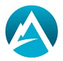 A blue and white circular logo featuring a stylized mountain with a curved path leading upward through the center.