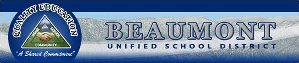 Banner for Beaumont Unified School District with a mountain background, district name in large letters, and a circular Quality Education logo featuring a handshake and the words A Shared Commitment.
