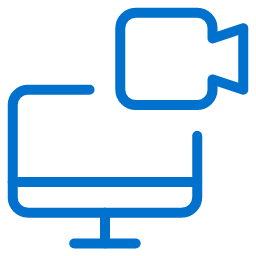 Blue outline icon of a computer monitor with a video camera symbol in the top right corner, suggesting video calling or video conferencing.
