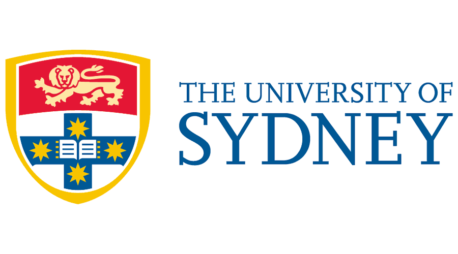 The University of Sydney logo featuring a shield with a red lion, an open book, and blue and gold stars, alongside the text The University of Sydney in blue.