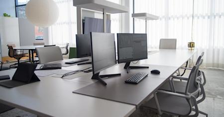 Computers in an office space.