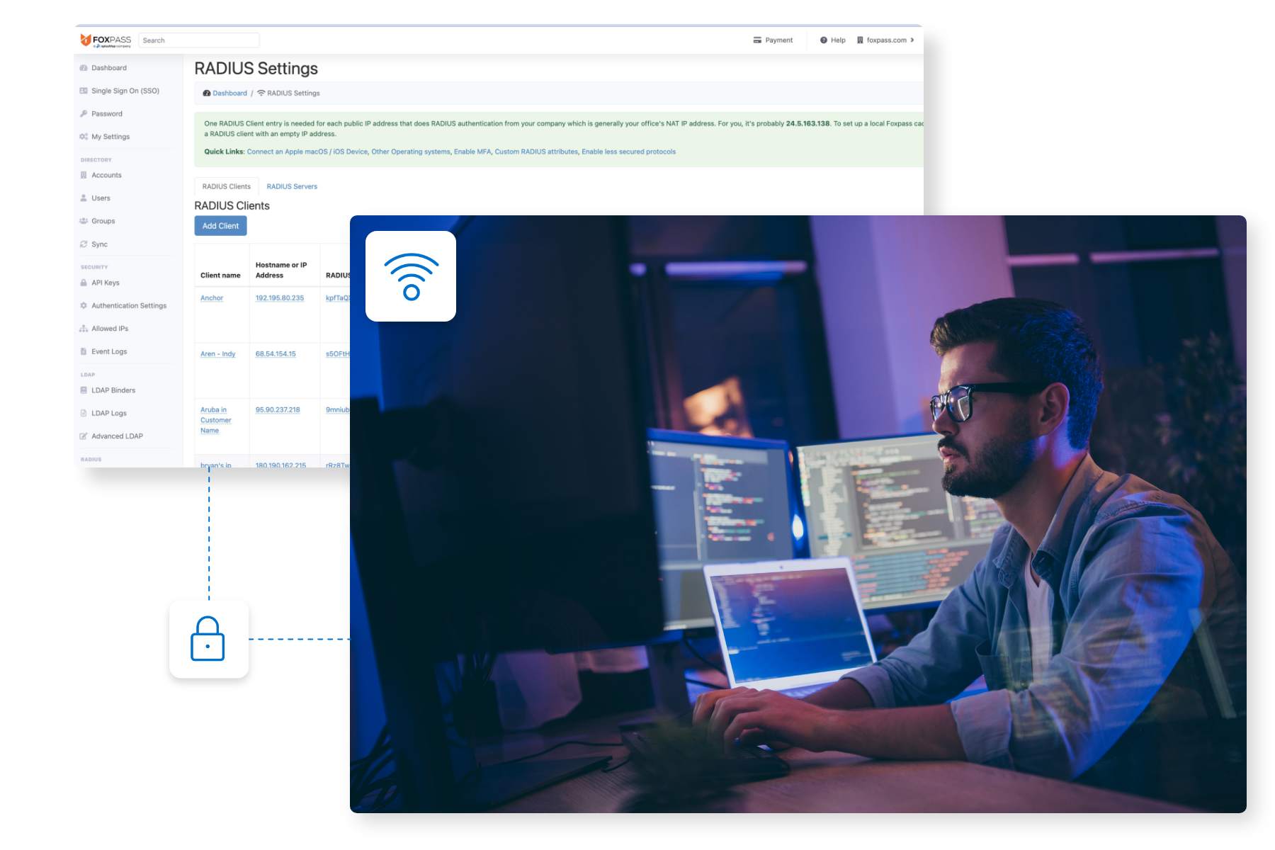 A man wearing glasses works at a computer with code on multiple screens. Overlays show a Wi-Fi icon and a padlock, with a software interface titled RADIUS Settings displayed in the background.