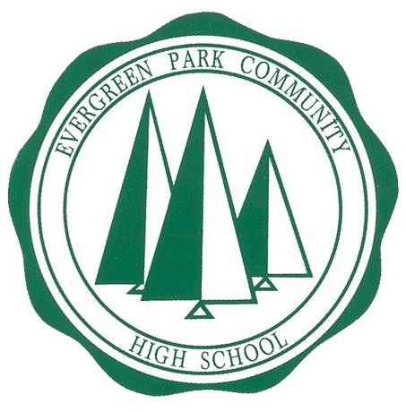 Green and white logo for Evergreen Park Community High School, featuring three stylized evergreen trees in the center, surrounded by the schools name in a circular border.