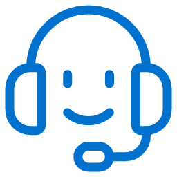 Simple blue line drawing of a smiling face wearing a headset with a microphone, symbolizing customer support or call center assistance, on a light gray background.