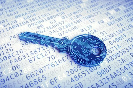 Digital key over encrypted data background, representing TLS encryption and cybersecurity.