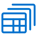 A blue icon of a table or spreadsheet with three overlapping rectangles in the background, suggesting multiple sheets or documents.