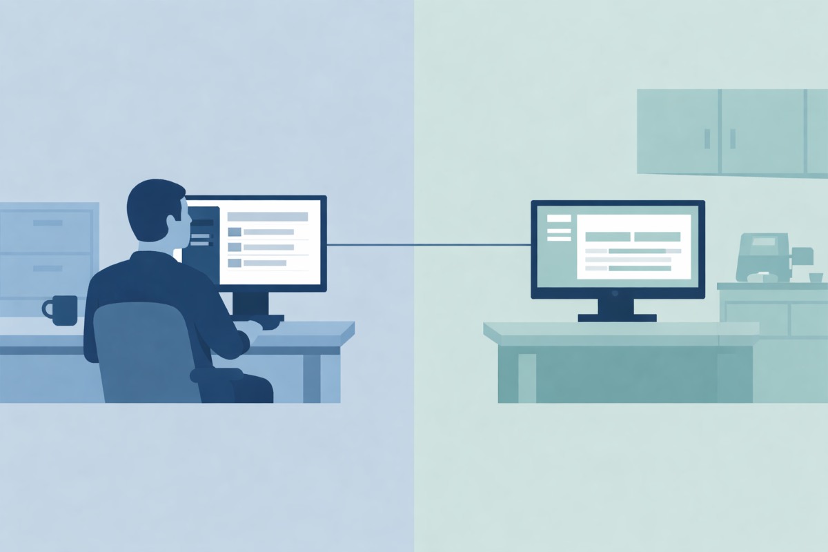 A healthcare worker remotely access another computer.