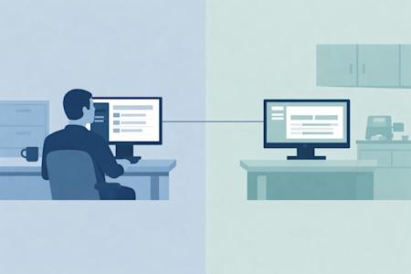 A healthcare worker remotely access another computer.