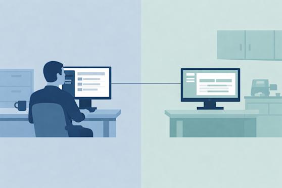 A healthcare worker remotely access another computer.