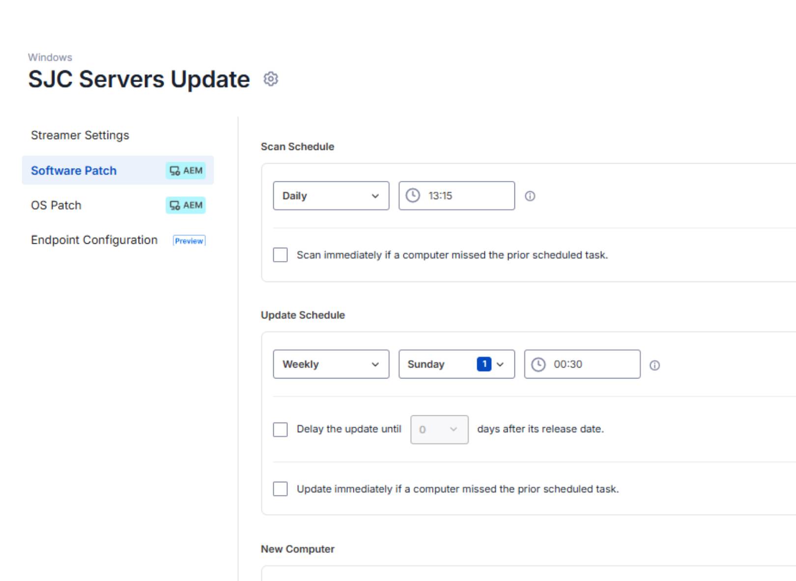 SJC Servers Update interface showing scan and update schedule settings with daily and weekly options configured.