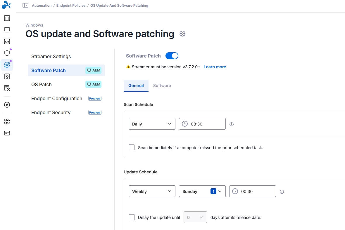 SJC Servers Update interface showing scan and update schedule settings with daily and weekly options configured.