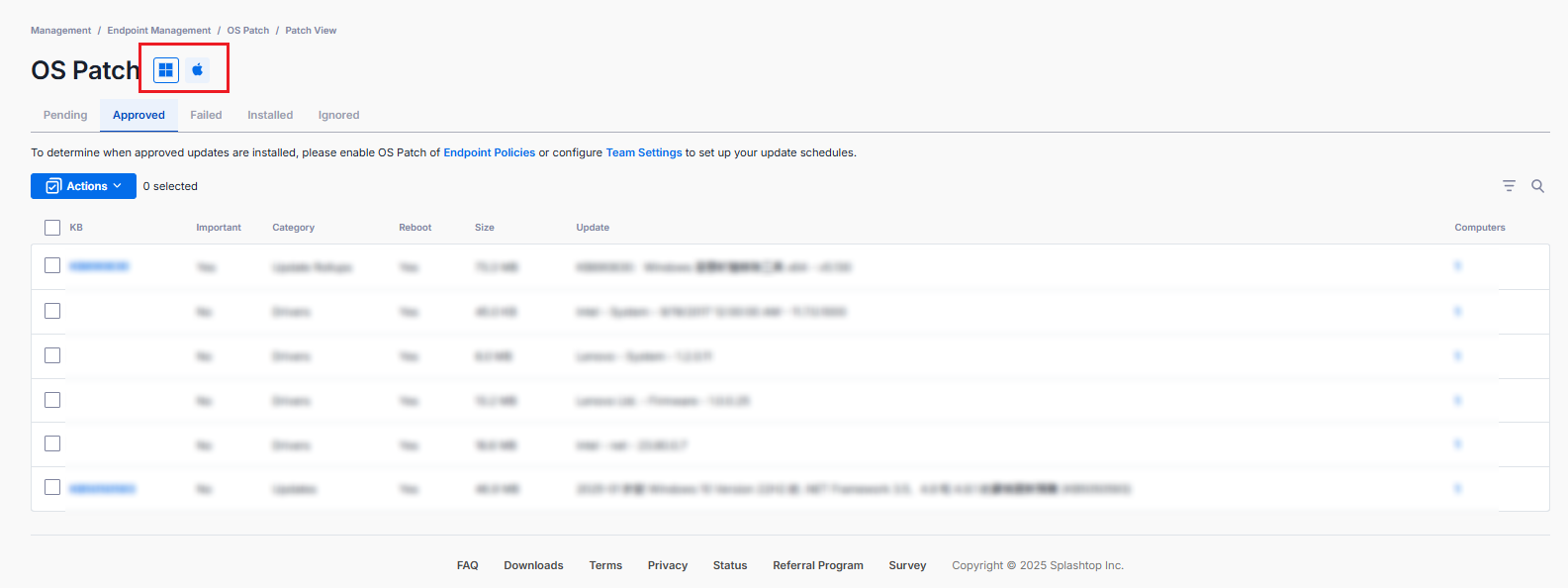 Selecting Windows or Mac in OS Patch view in Splashtop AEM.