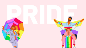 Illustration of people celebrating Pride with colorful outfits and accessories, promoting diversity