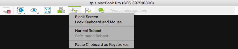 A remote desktop interface shows a dropdown menu with options: Blank Screen, Lock Keyboard and Mouse, Normal Reboot (selected), Safe-mode Reboot (grayed out), and Paste Clipboard as Keystrokes.