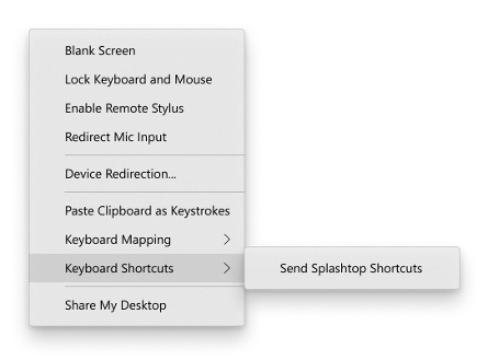 A context menu is open showing options like Blank Screen, Lock Keyboard and Mouse, Enable Remote Stylus, and others. Keyboard Shortcuts is hovered, revealing Send Splashtop Shortcuts.