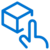 Blue outline illustration of a 3D cube with a hand icon below it, pointing upward as if selecting or interacting with the cube, on a light gray background.