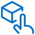 Blue outline illustration of a 3D cube with a hand icon below it, pointing upward as if selecting or interacting with the cube, on a light gray background.