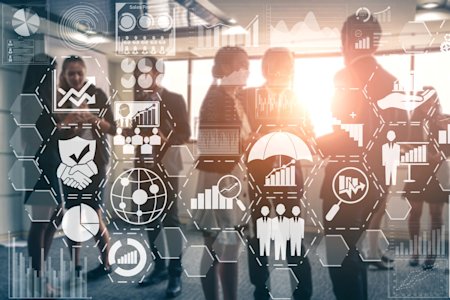 Business team with icons representing data, security, and vendor risk assessment.