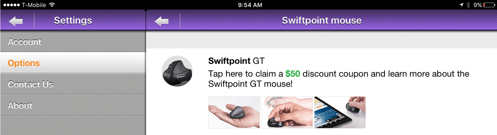 Splashtop settings screen under Options tab, featuring a promotion for the Swiftpoint GT mouse