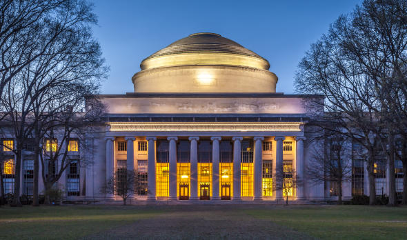MIT's iconic Great Dome illuminated at dusk