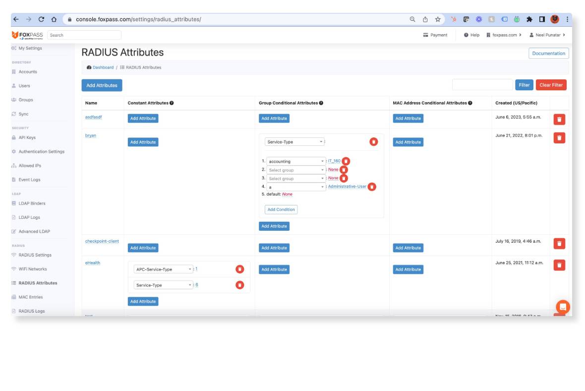 A screenshot of the FortiNAC web console shows the RADIUS Attributes page, displaying tables and forms for configuring service types, group and MAC conditions, and attribute details.