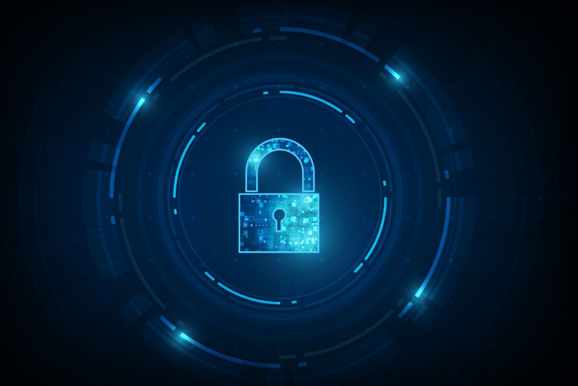 A glowing blue digital padlock icon in the center of a dark background with circular, futuristic technology patterns, symbolizing cybersecurity or data protection.