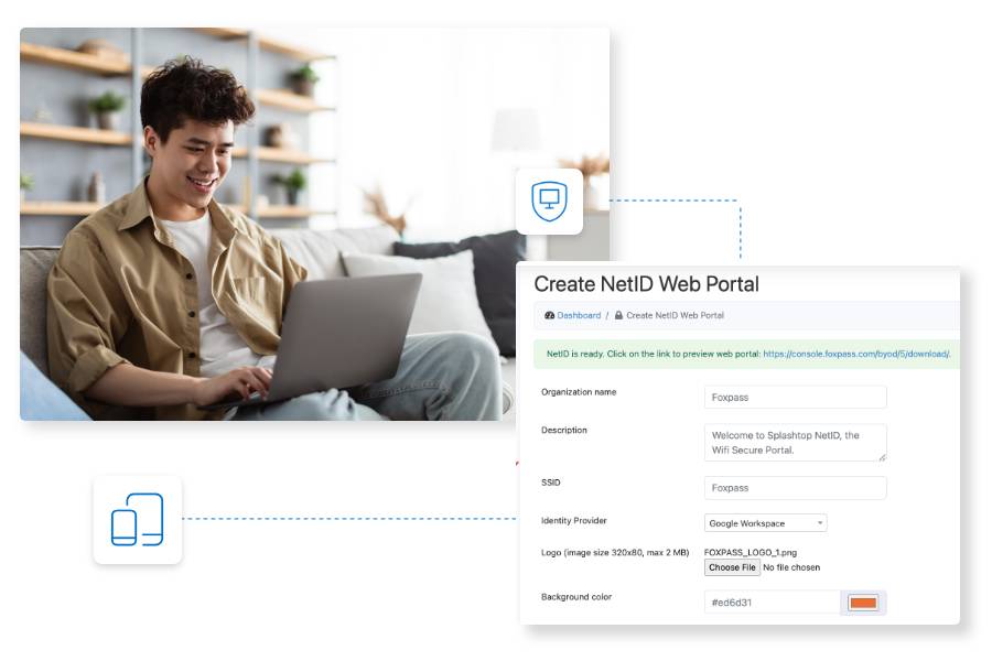 A young man smiles while using a laptop. Overlapping the image is a screenshot of a web form labeled Create NetID Web Portal, showing fields for organization name, description, and other portal setup details.