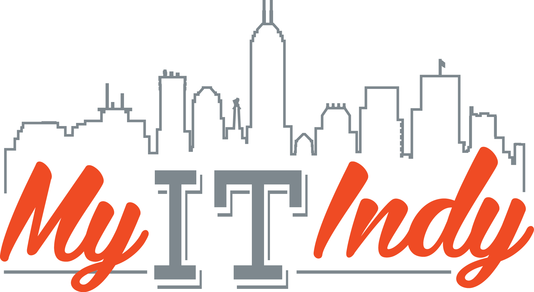 Logo featuring a gray Indianapolis skyline outline with My IT Indy written below; My and Indy are in orange script, and IT is in bold, gray block letters.