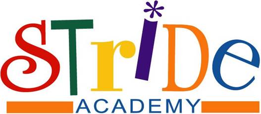 Colorful, playful logo for Stride Academy with each letter in STRIDE in a different color and style. The I is purple with an asterisk as the dot. ACADEMY is written in blue below.