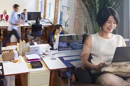 Remote work setup with Splashtop juxtaposed with busy office environment