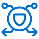 Blue icon showing a shield inside a circle with antennas and arrows pointing outward, representing security or protection.