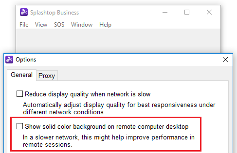 A settings window from Splashtop Business shows an option, highlighted in red, to Show solid color background on remote computer desktop to help improve performance in slower network conditions.