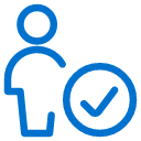 Blue outline of a person next to a large check mark inside a circle, symbolizing approval or verification.