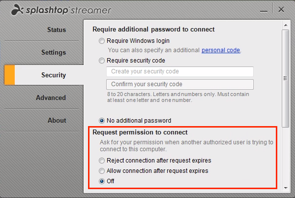 The Splashtop Streamer security settings window is open, showing options for requiring an additional password and request permission to connect, with Off selected under request permission settings.