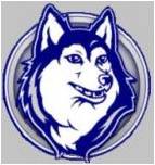 A stylized blue and white husky dog head with a mischievous smile, set against a circular gray and blue background.
