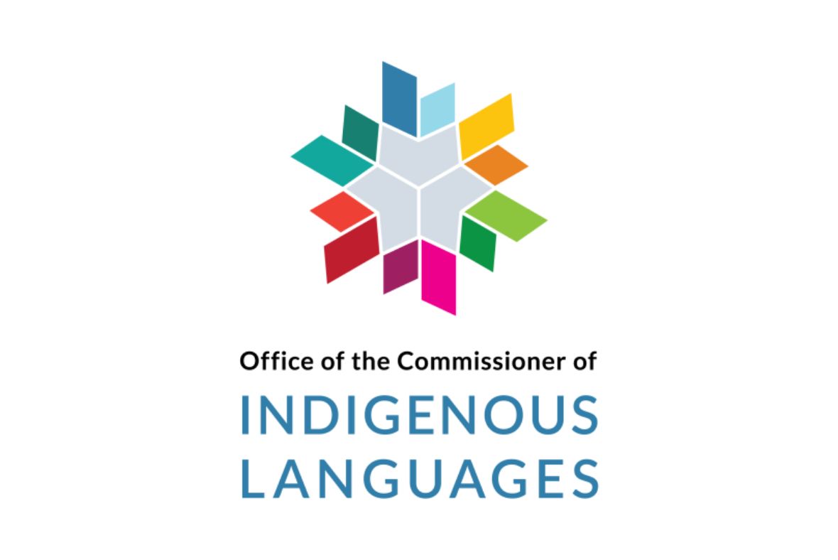 The logo of the Office of the Commissioner of Indigenous Languages features a multicolored geometric star above the organizations name in black and blue text on a white background.