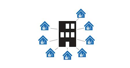 Vector infographic illustrating homes interconnected wirelessly with Splashtop for virtual connectivity