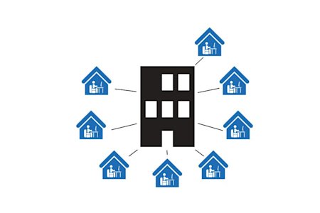 Vector infographic illustrating homes interconnected wirelessly with Splashtop for virtual connectivity