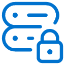 Blue outline icon showing two stacked server drives with a padlock in front, symbolizing data security or secure server storage.