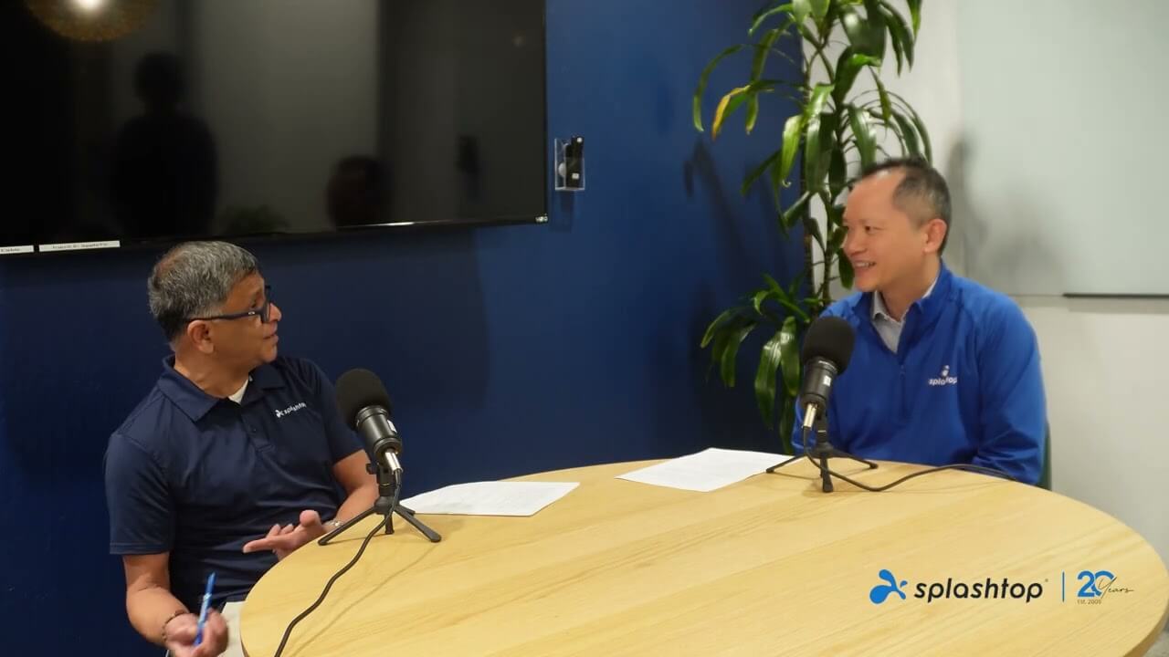 Two Splashtop team members recording a Splashtalks podcast interview in an office studio, celebrating 20 years of innovation and discussing the Winter 2026 product release update.