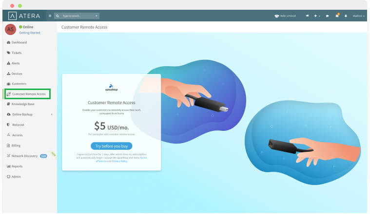Screenshot of the Atera platform showing a “Customer Remote Access” option selected on the sidebar, with a popup offering remote access for $5 USD/month. An illustration features two hands holding remote controls.