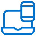 Blue outline icon of a laptop with a smartphone placed vertically on its corner, suggesting device connectivity or synchronization.