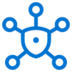 Blue line icon of a shield with a dot in the center, surrounded by six connected circles, resembling a network or hub, on a light gray background.