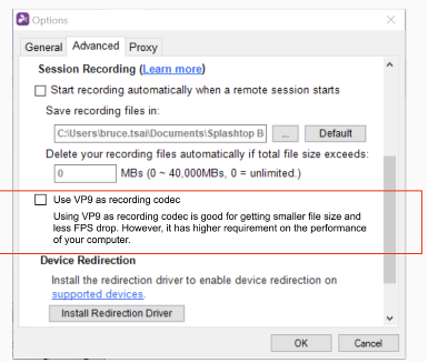 Screenshot of a settings window for session recording. The “Use VP9 as recording codec” option is checked, with a note stating VP9 offers smaller file size and less FPS drop, but requires higher computer performance.