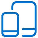 Blue icon showing the outline of two devices, a smartphone in front of a larger tablet or monitor, symbolizing mobile and desktop technology on a light gray background.