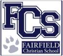Logo for Fairfield Christian School featuring large dark blue FCS letters, a gray paw print, and the schools name in white text on a dark blue background.