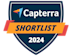 A dark blue shield-shaped badge with the Capterra logo and the text SHORTLIST 2024 on an orange banner.
