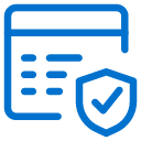 Blue icon of a web browser window with horizontal lines, representing text, and a shield with a checkmark in front, symbolizing security or verified protection.